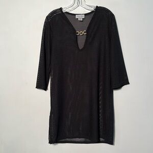 JORDAN TAYLOR Open Weave Gold Accent 3/4 SLV Resort Beach Pool Black Coverup L
